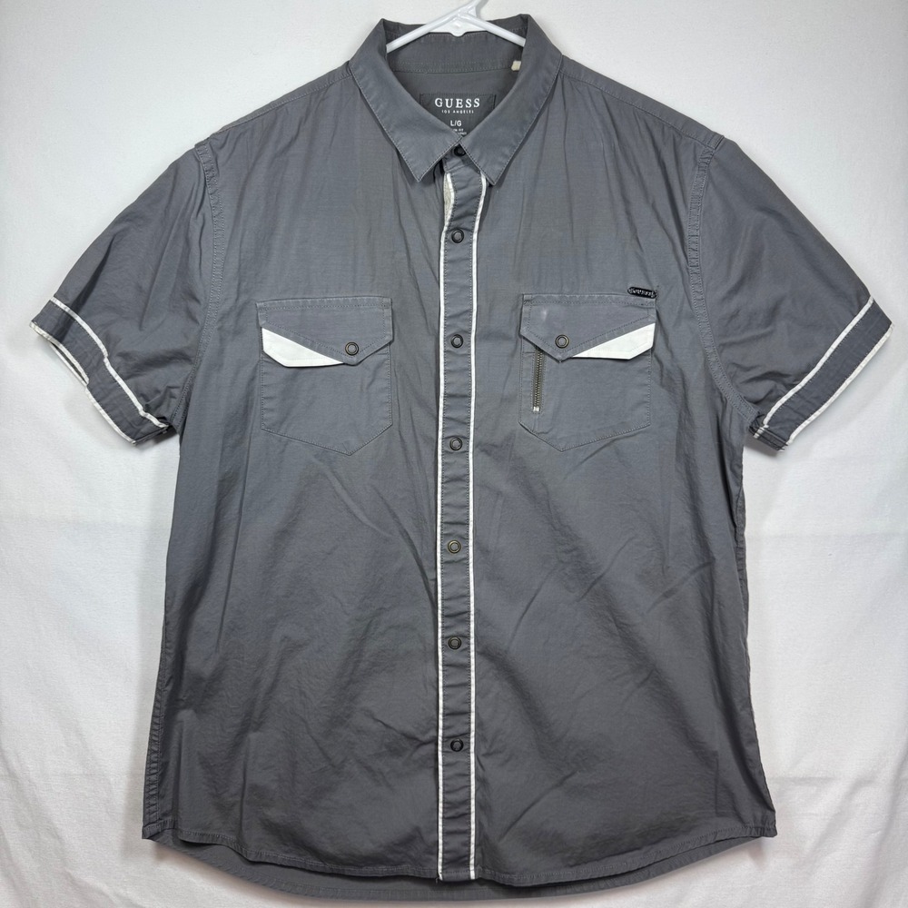 GUESS Los Angeles Mens Gray Short Sleeve‎ Button Up Shirt Slim Fit Sz Large